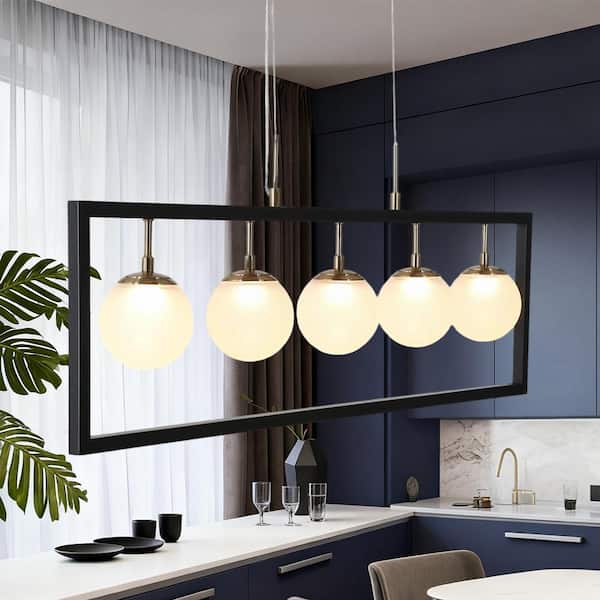 Industrial 28W 5-Light Integrated LED Brass&Black Linear Chandelier, Rectangle Hanging Pendant with Globe Frosted Glass