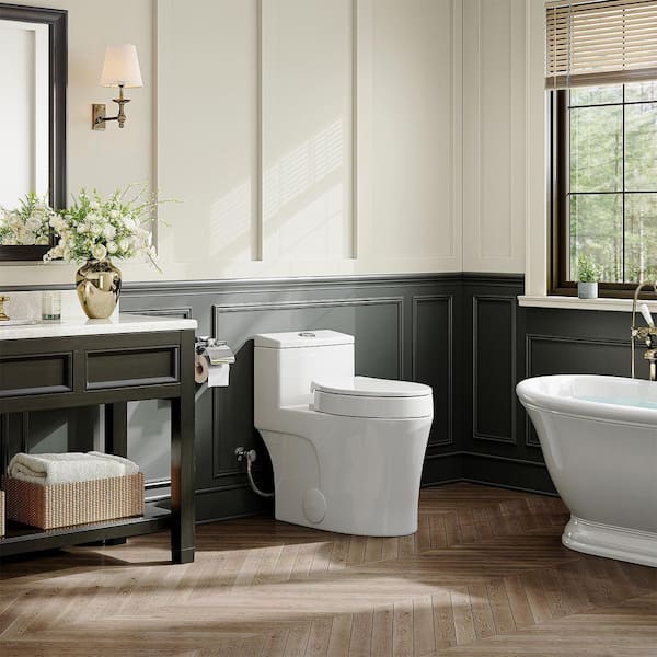 1-Piece 10 in. Rough-In 0.8/1.28 GPF Dual Flush WaterSense Elongated Toilet in White with Lockable Toilet Seat Riser