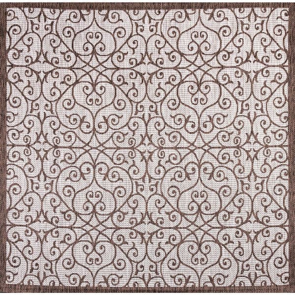 Madrid Vintage Filigree Textured Weave Taupe/Espresso 5 ft. Square Indoor/Outdoor Area Rug