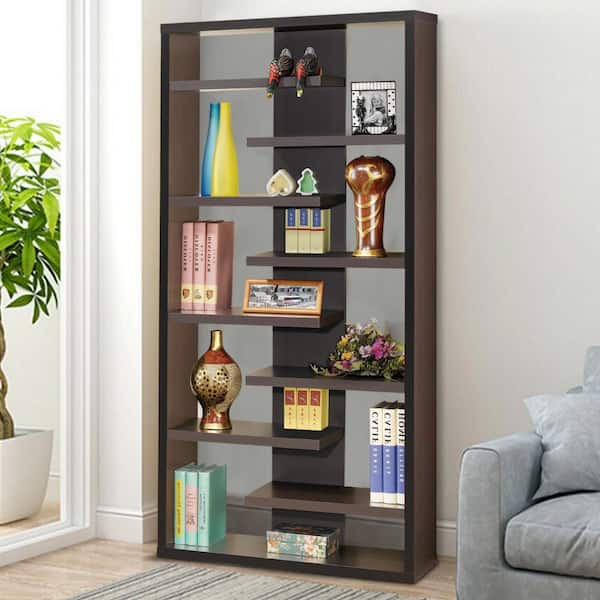Benjara 70.75 in. Brown Wood 9-shelf Standard Bookcase with Open Back