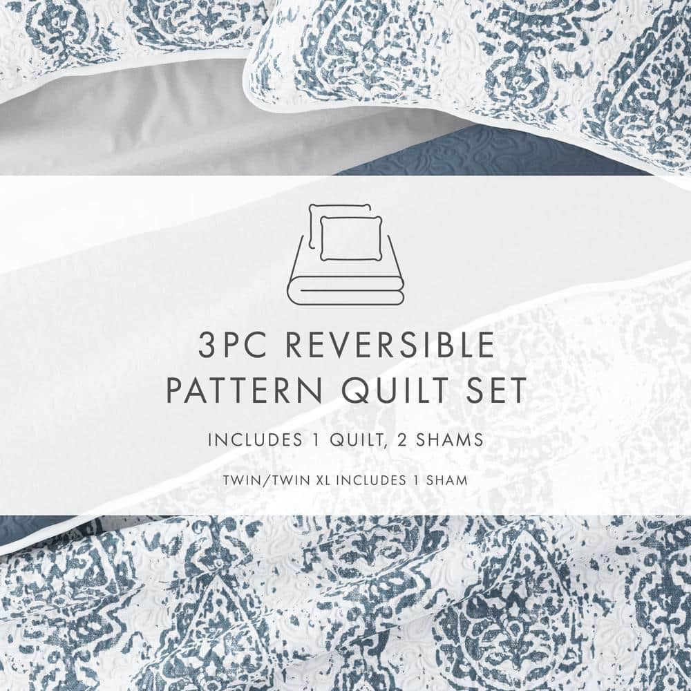 Dusk Blue Reversible Microfiber Full Quilt Set with Shams