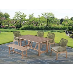 Richard Light Oak 6-Piece Acacia Wood Rectangle Standard Height Outdoor Dining Set with 6 Chairs with Cushion 1 Bench