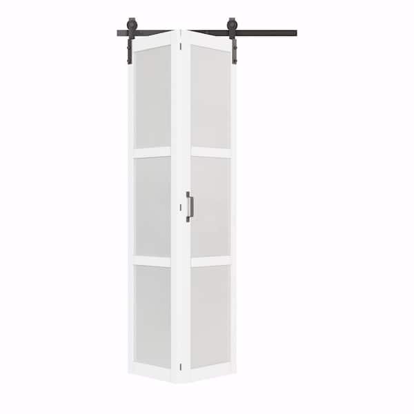 ARK DESIGN 40 in. x 84 in. 3-Lite Tempered Frosted Glass White Primed MDF Glass Bi-Fold Sliding Barn Door with Hardware Kit