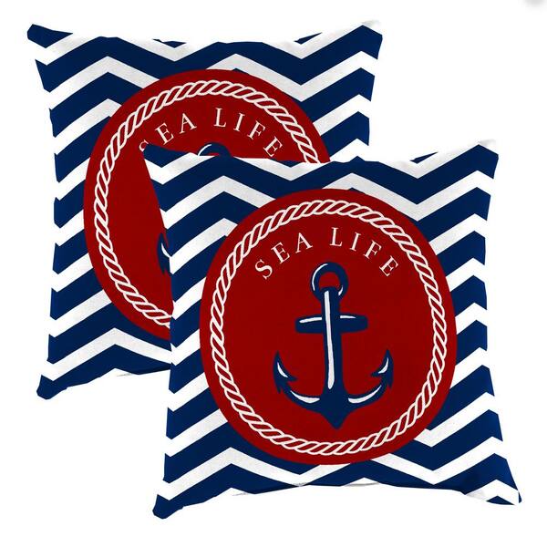 Jordan Manufacturing 16 in. L x 16 in. W x 4 in. T Square Outdoor Throw Pillow in Sea Life Anchor (2-Pack)