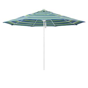 11 ft. White Aluminum Commercial Market Patio Umbrella with Fiberglass Ribs and Pulley Lift in Seville Seaside Sunbrella