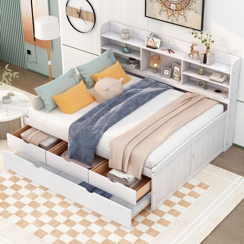 Qualler White Wash Wood Frame Full Size Captain Platform Bed with