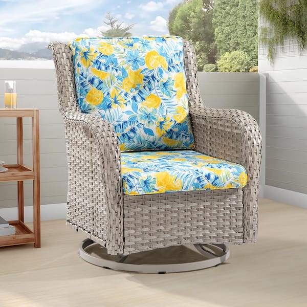 JOYSIDE Wicker Outdoor Rocking Chair Patio Swivel with Lemon Blossom Blue Cushions