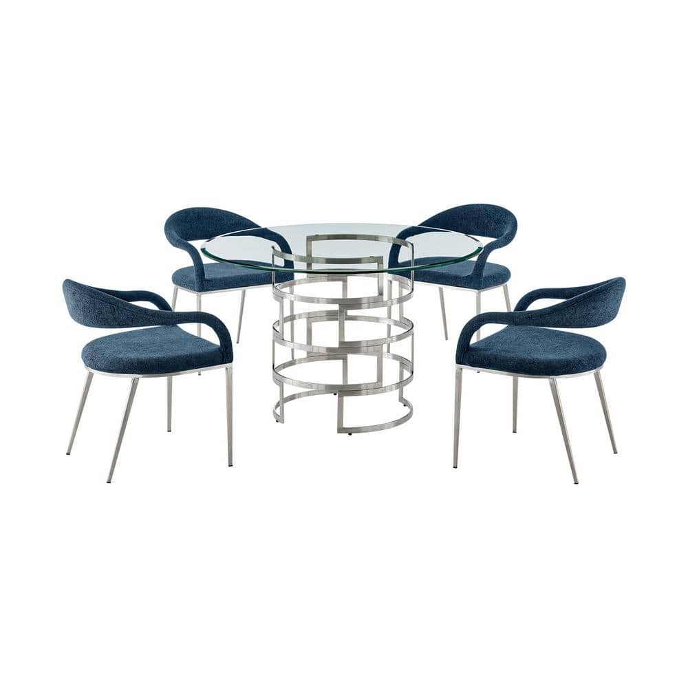 Diaz Morgan 5-Piece Blue Fabric Stainless Steel and Glass Top Dining Set Se