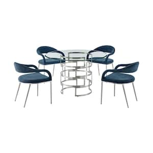 Diaz Morgan 5-Piece Blue Fabric Stainless Steel and Glass Top Dining Set Seats 4