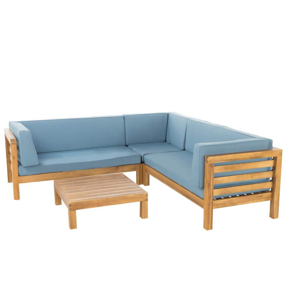 Noble House Oana Teak Finish 4-Piece Wood Outdoor Sectional Set with Blue Cushions