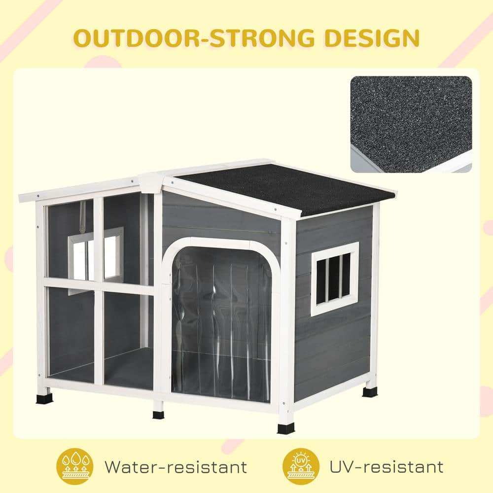 Large Storm Gray and White Wooden Dog House with Openable Roof