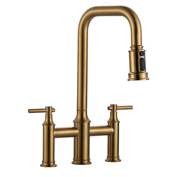 VEVETTA Double Handle Bridge Kitchen Faucet with 360 Degree Spout Swivel in Brushed Gold