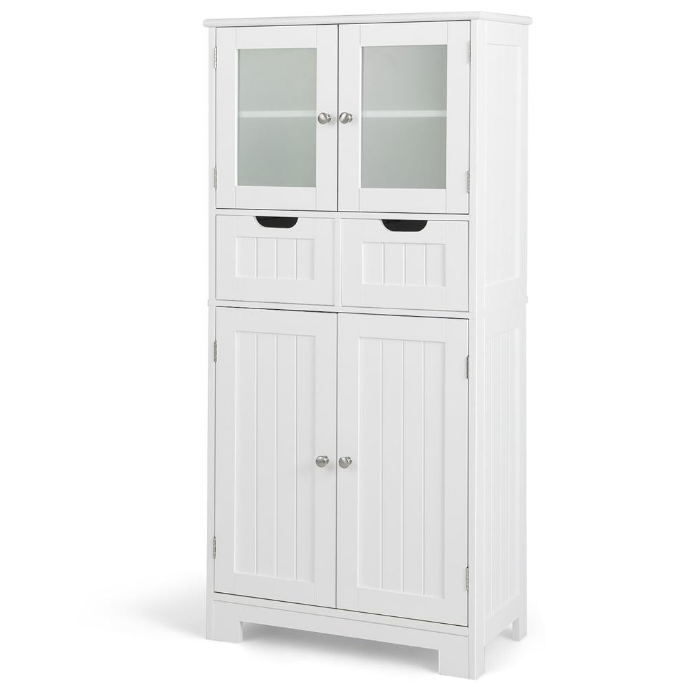 White Bathroom Storage Cabinet with Glass Door and Sliding Drawers