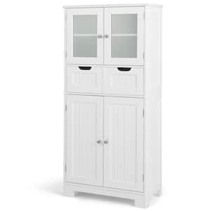 White Bathroom Floor Storage Cabinet Kitchen Cupboard with 2 Drawers and Glass Doors