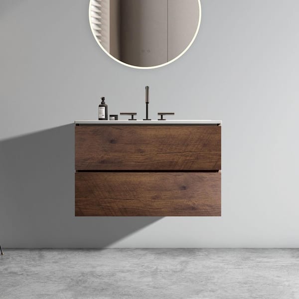 Unbranded 30 in. W x 18 in. D x 21 in. H Single Sink Wall-Mounted Bath Vanity in Walnut with White Ceramic Top