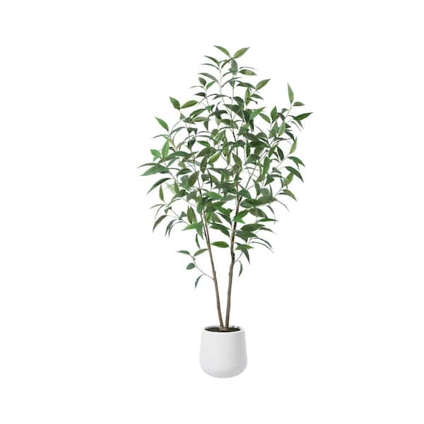 DR.Planzen 5 ft. Faux Eucalyptus Tree with Round White Planter, Pre Potted Fake Eucalyptus Plant for Home Decor