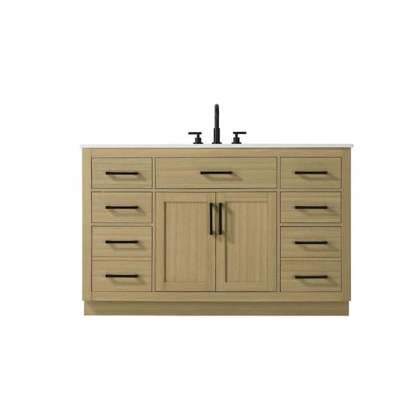 54 in. Single Sink Honey Brown Bath Vanity with White Engineered Marble Top