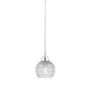 Bryson 6 in. 1-Light Chrome Cord Pendant Light with 6 in. Clear Ribbed Glass Shade, no bulb included