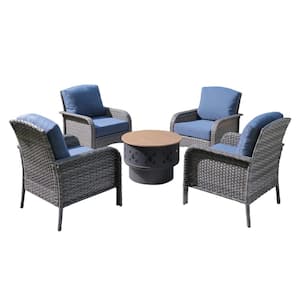 Denali Gray 5-Piece Wicker Outdoor Patio Conversation Chair Set with a Wood-Burning Fire Pit and Denim Blue Cushions