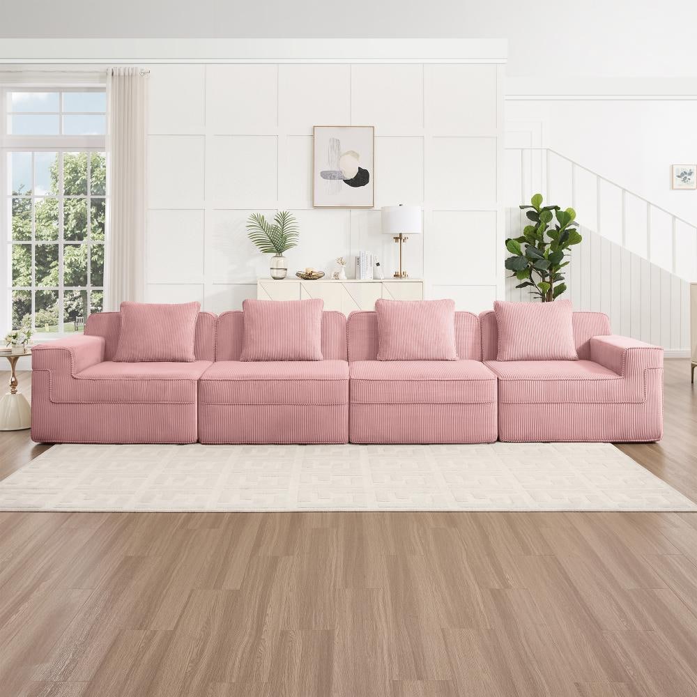 153.5 in Wide Arm Corduroy Straight Modular Sofa, 4 Seat Cloud Boneless Sectional Couch with Pillows in Pink price history on PriceWatchPro