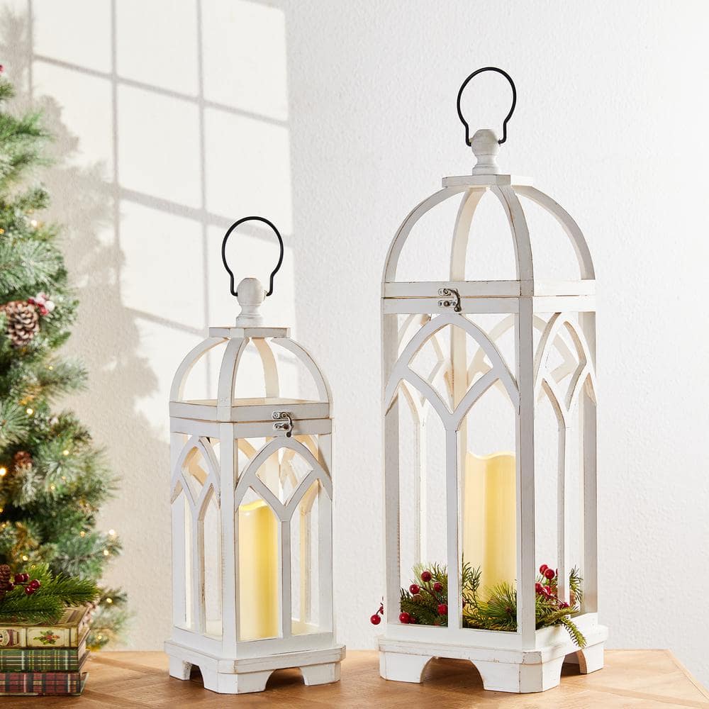 Glitzhome Set of 2 Farmhouse Wooden Church Window Lanterns - White