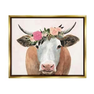 Springtime Flower Crown Farm Cow with Horns by Victoria Borges Floater Frame Animal Wall Art Print 25 in. x 31 in.