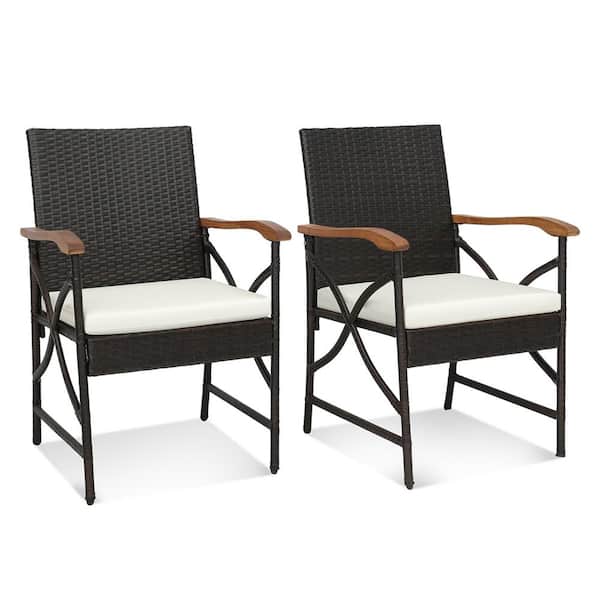 Costway 2-Pieces Patio PE Wicker Outdoor Dining Chairs with Soft Zippered Off White Cushions Armchairs Balcony