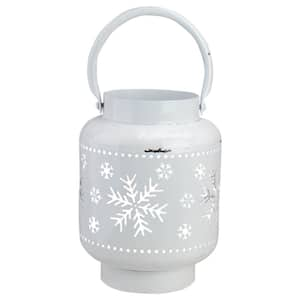 6.75 in. White Snowflake Cutout Christmas Candle Holder- Lantern Metal