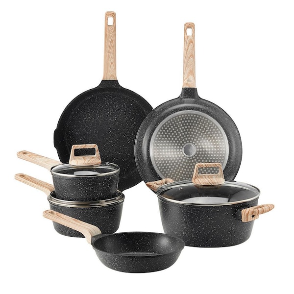 17 Piece Pots and Pans Set Nonstick, Granite Cookware Set, Induction Cookwares, Kitchen RV Cooking Sets, Black Aluminum