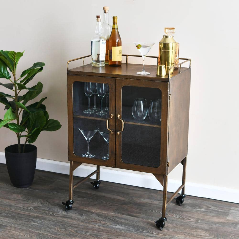 Antique Brass Metal Bathroom Cabinet with Glass Doors and Locking Wheels