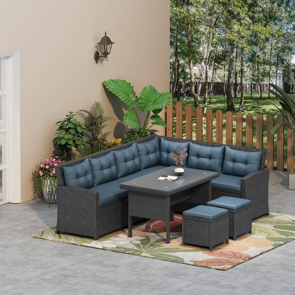 Black 6-Piece Wicker Patio Conversation Set with Dark Gray Cushion -  Wateday, PF-PFAWJ