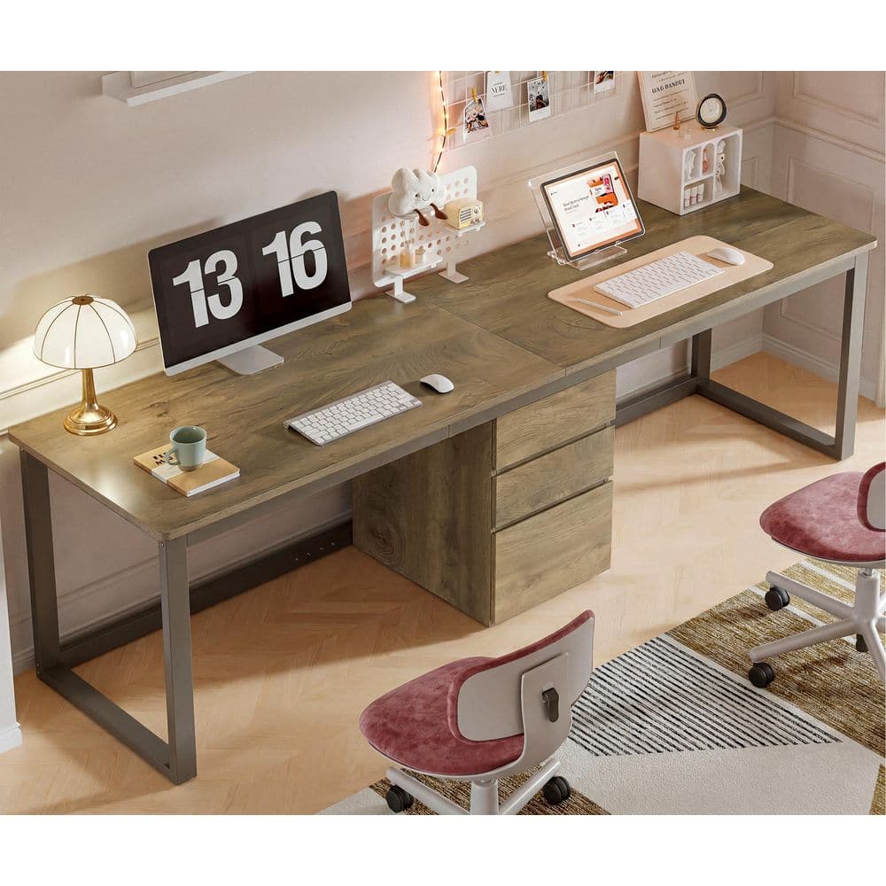 Moronia 79 in. Rectangular Warm Light Oak Double Computer Desk with 3 Storage Drawers, 2 Person Desk for Home Office