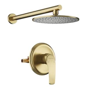 1-Spray Patterns 2.5 GPM 9 in. Wall Mount Fixed Shower Head with Pressure Balance Valve and Trim in Brushed Gold-9 in.