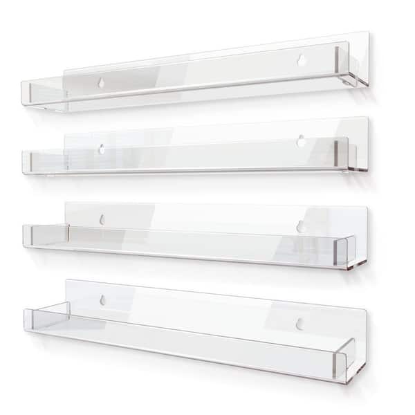 15 in. W x 2.3 in. D Clear Acrylic Shelves, Clear Kids Floating Bookshelf, Decorative Wall Shelf 4-Pack