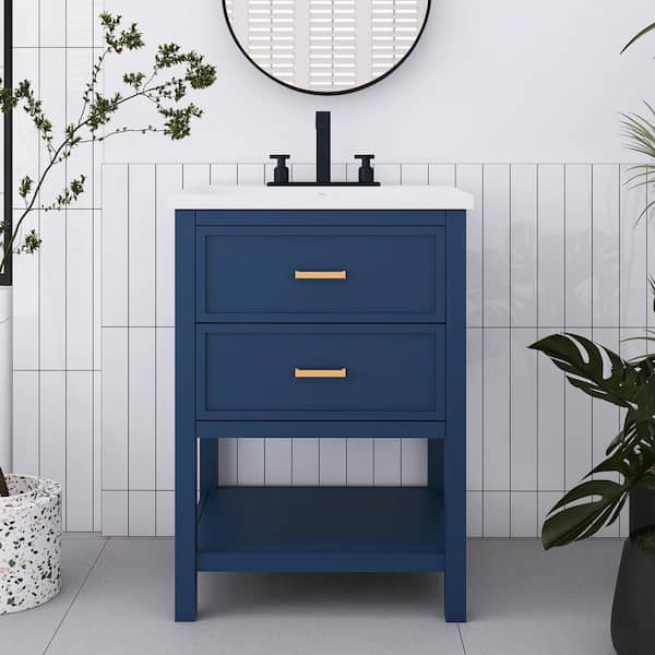 JimsMaison 24 in. W x 18 in. D x 34 in. H Single Sink Freestanding Bath Vanity in Blue with White Cultured Marble Top