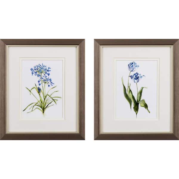 HomeRoots Victoria Dark Blue Flowers by Unknown Wooden Wall Art (Set of 2)
