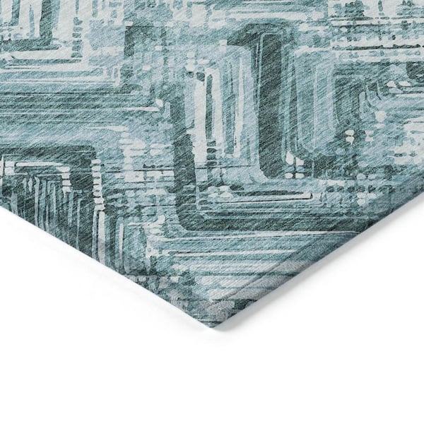 Teal Blue, Aqua, Ivory 3 ft. x 5 ft. Woven Geometric Polyester Rectangle Indoor/Outdoor Area Rug
