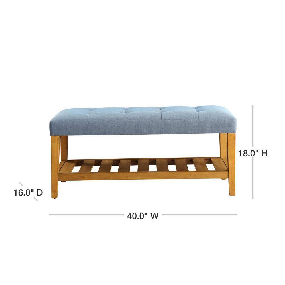 Blue Tufted Upholstered Bench with Oak Storage Shelf