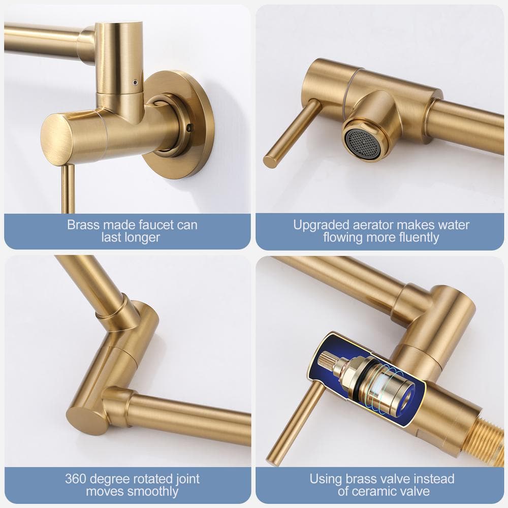 Brushed Gold Wall Mounted Double Handle Pot Filler Faucet
