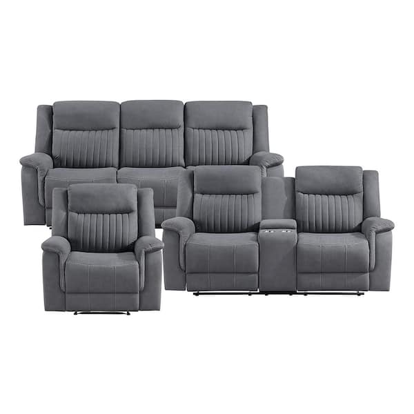 Lazzara Gabi 86 in. W. Pillow Top Arm Microfiber Rectangle 3-Piece Manual Reclining Sofa Set in. Gray