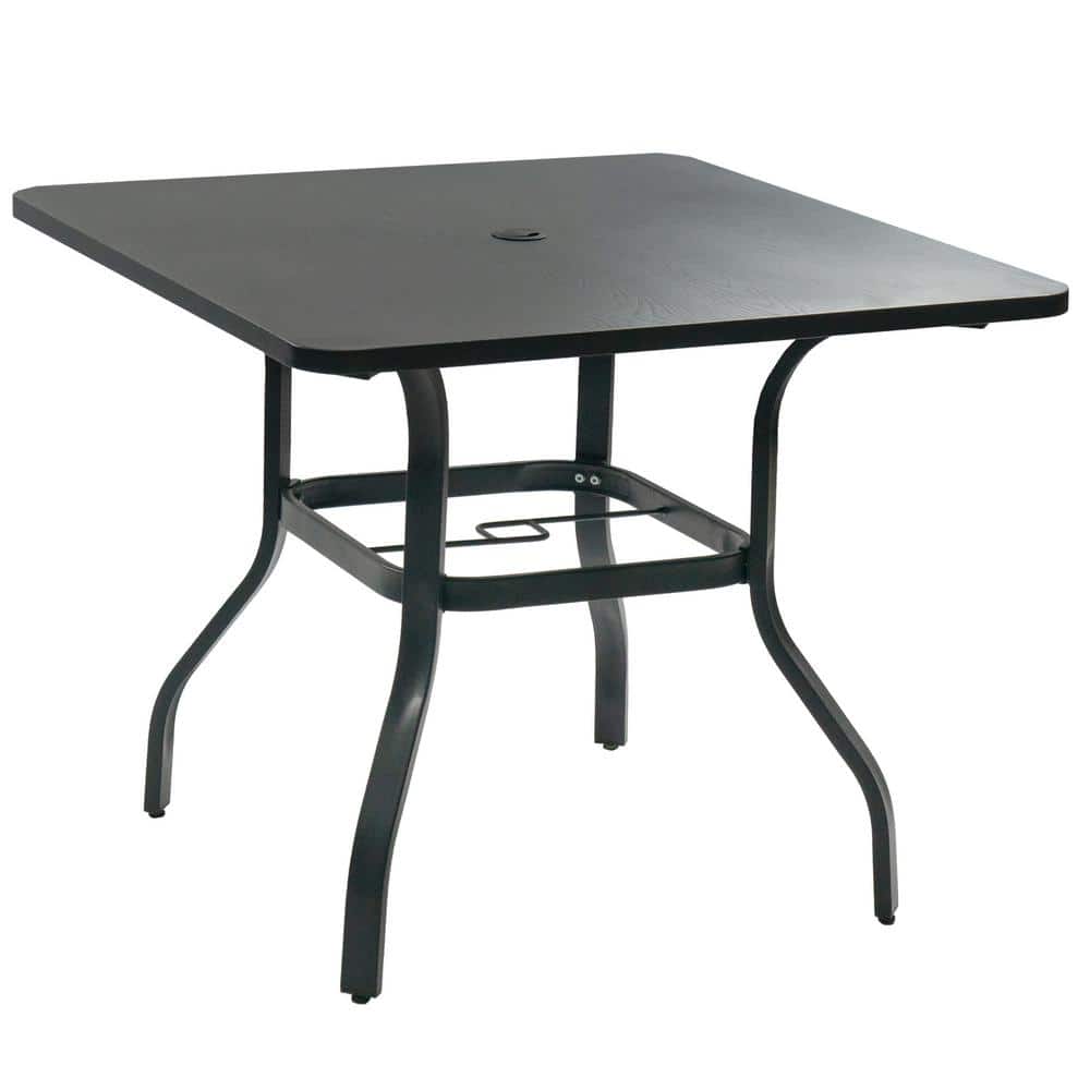 Square Metal Patio Dining Table with Woodgrain Top and Umbrella Hole