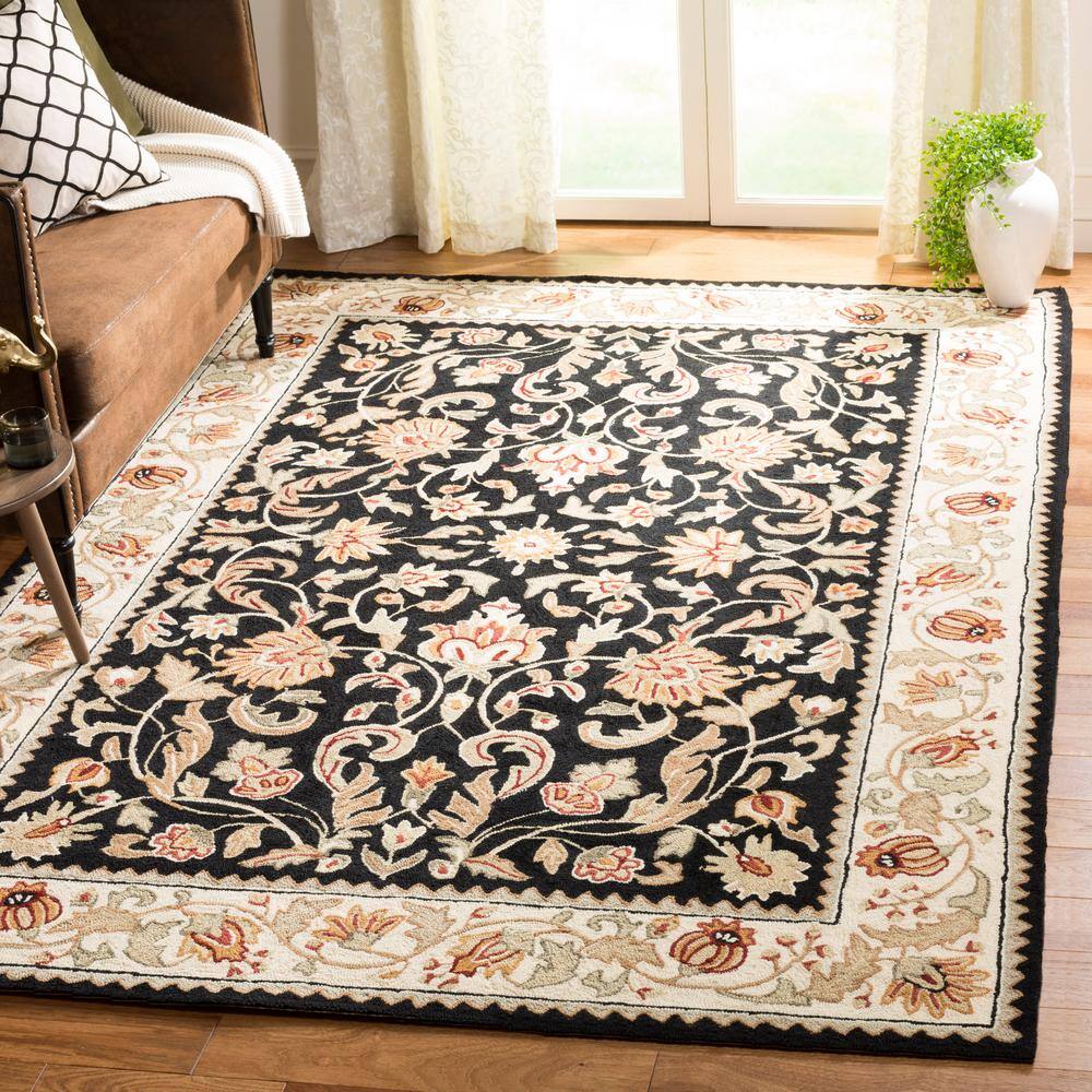 Black and Ivory Floral Hand-Hooked Rectangular Area Rug