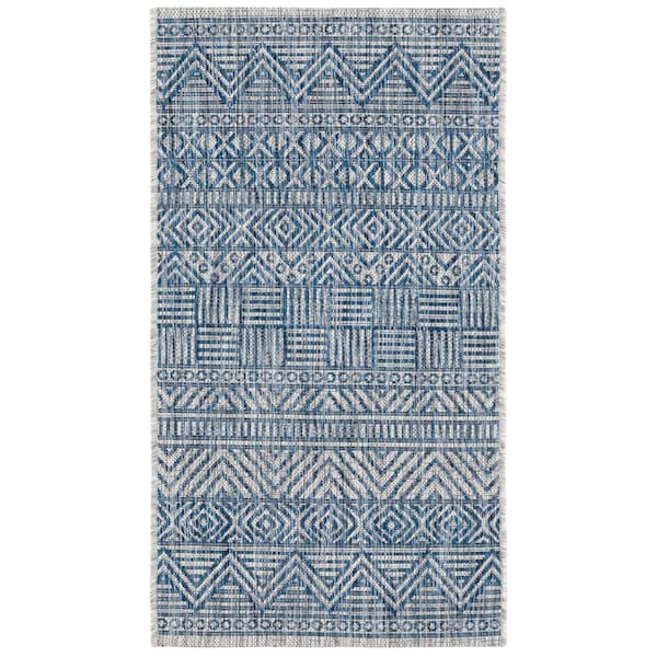 Courtyard Gray/Navy 2 ft. x 4 ft. Striped Tribal Chevron Indoor/Outdoor Area Rug