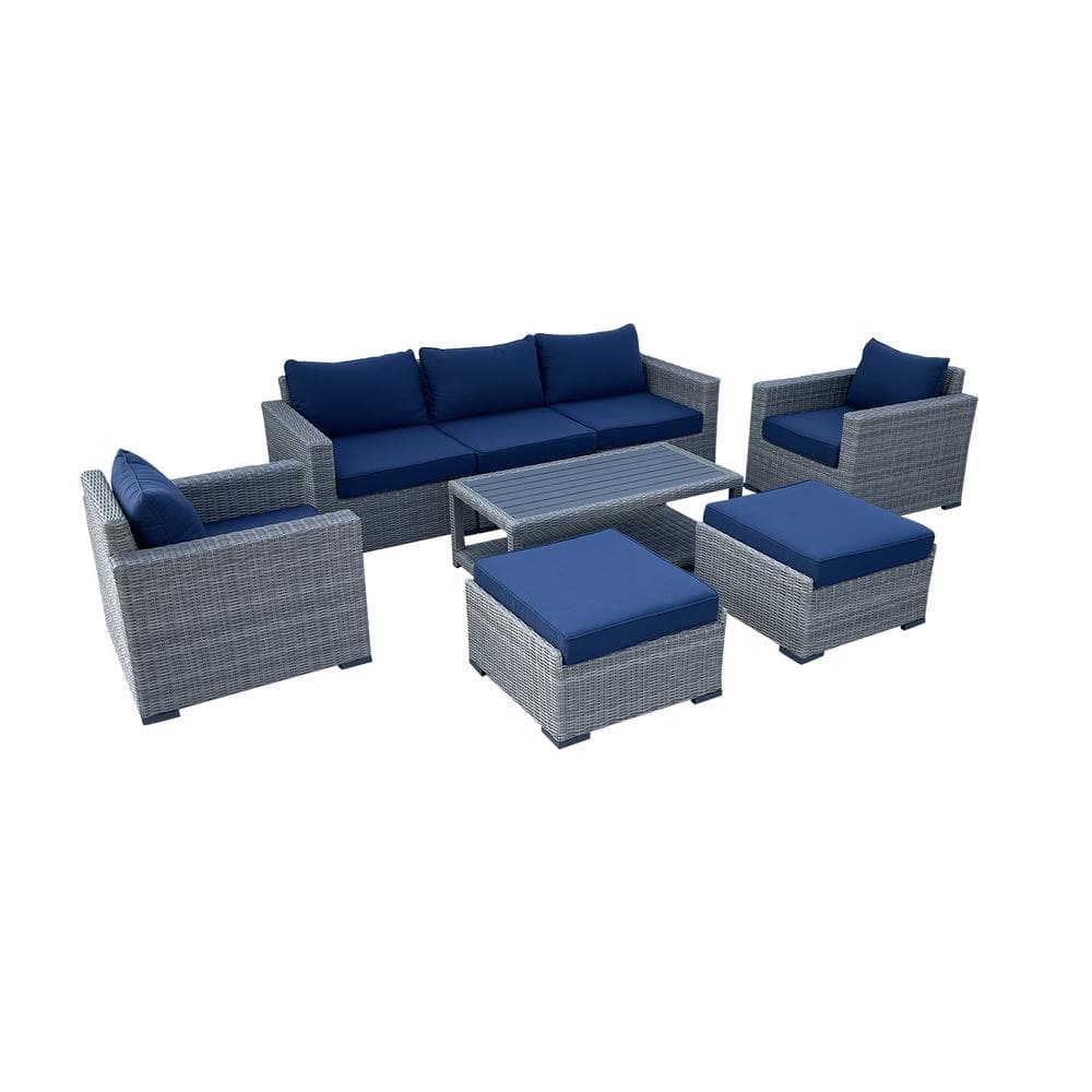 Urban Oasis 8-Piece Wicker Rattan Outdoor Sectional Set with Blue Cushions 