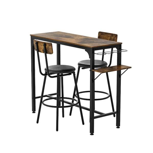 SOTEN RUGGED TABLET LLC 3-Piece Metal Outdoor Bistro Set with Wood Top Metal Base side table Industrial Bar Table, Black Cushions