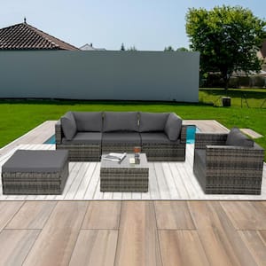 Gray 6-Piece Wicker Outdoor Sectional Set with Dark Gray Cushions and Tempered Glass Coffee Table