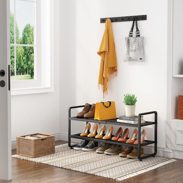 2-Tier Expandable Adjustable Black Metal Shoe Rack Stackable Mesh Shelf Storage Organizer for Closet Garage