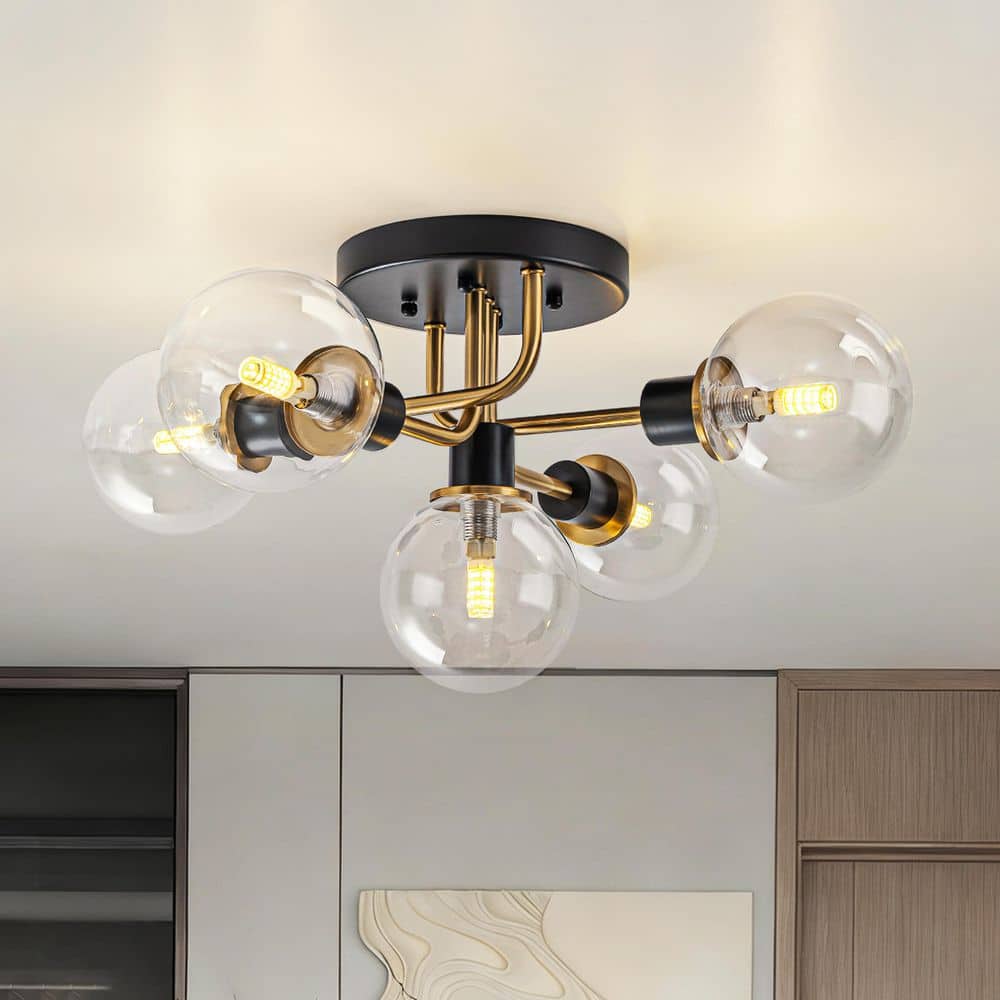 Ceder 5-Light 21.3 in. W Black and Brass Semi-Flush Mount Sputnik Ceiling Light with Clear Glass for Living Room price history on PriceWatchPro