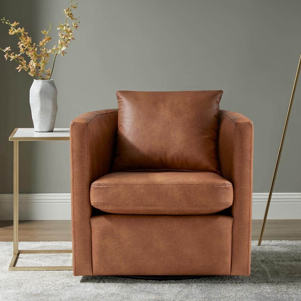 Saddle Brown Faux Leather Swivel Barrel Chair