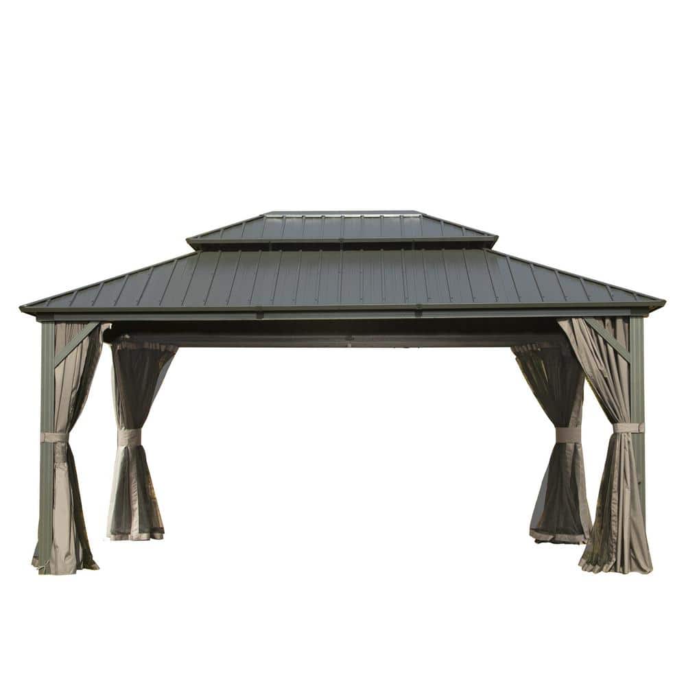 Outdoor Gray Aluminum Hardtop Gazebo with Galvanized Steel Double Roof with Curtains and Netting 12 ft. x 14 ft. price history on PriceWatchPro